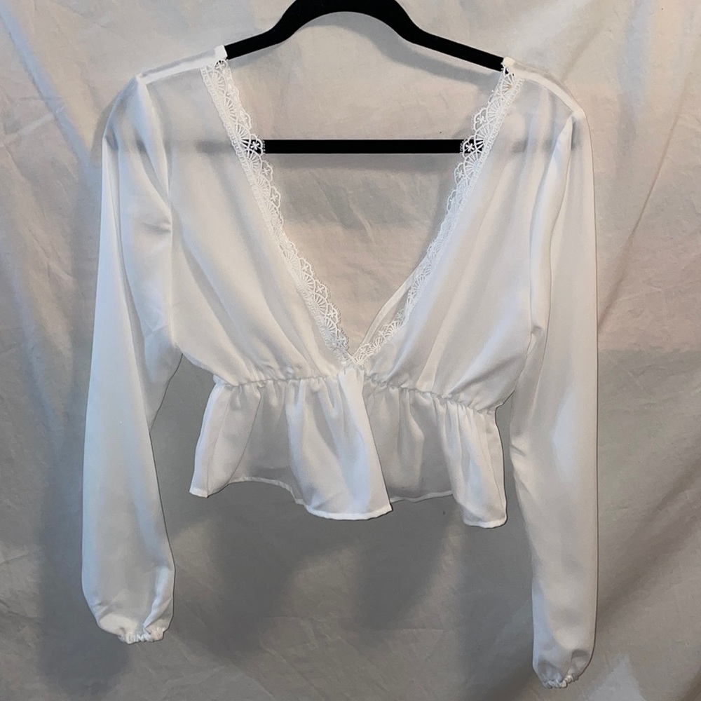 White Long Sleeve Crop Top - Size S